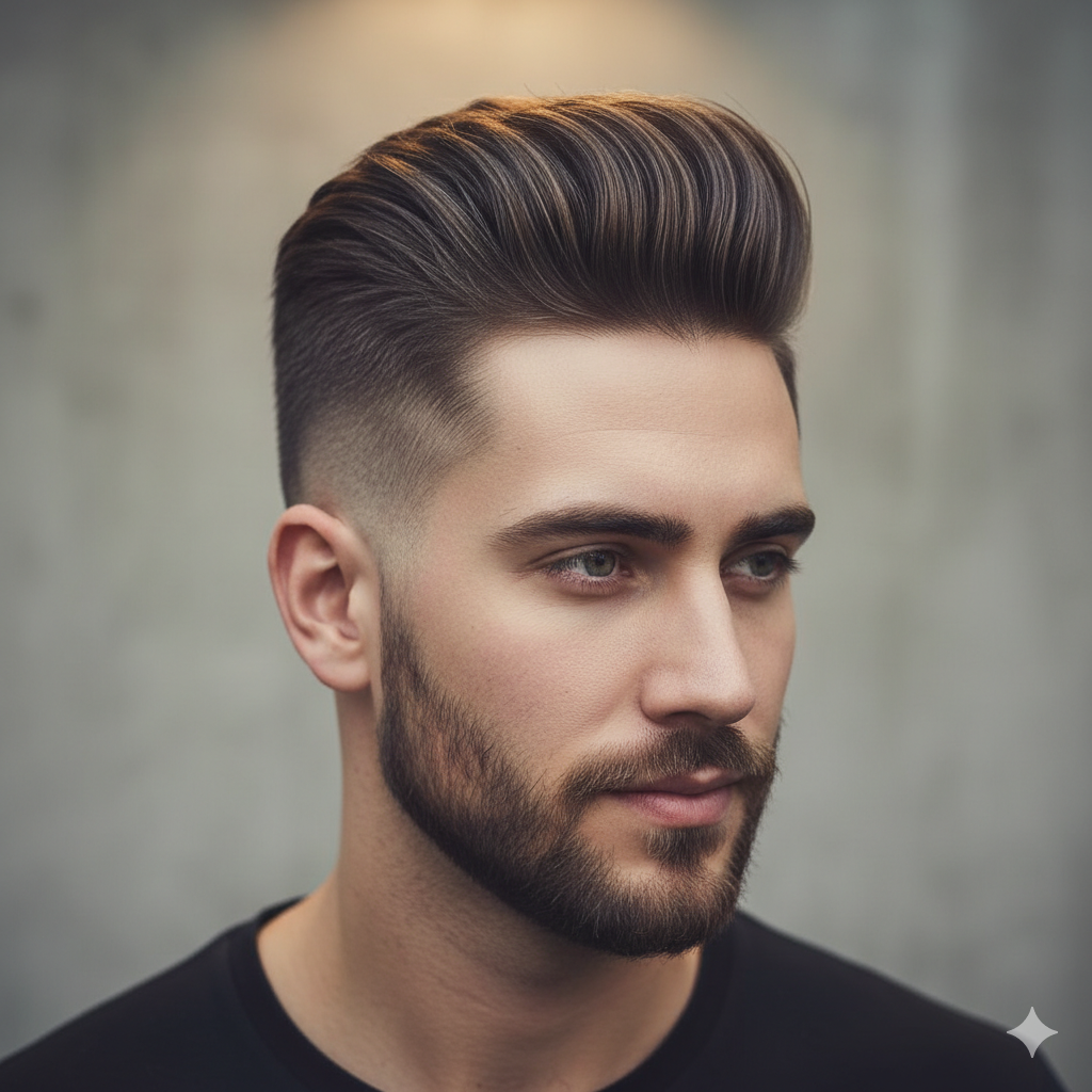 Low Taper Fade Pompadour showing classic styling with modern fade