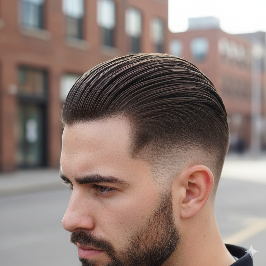 Low Taper Fade Slick Back showing classic Hollywood styling